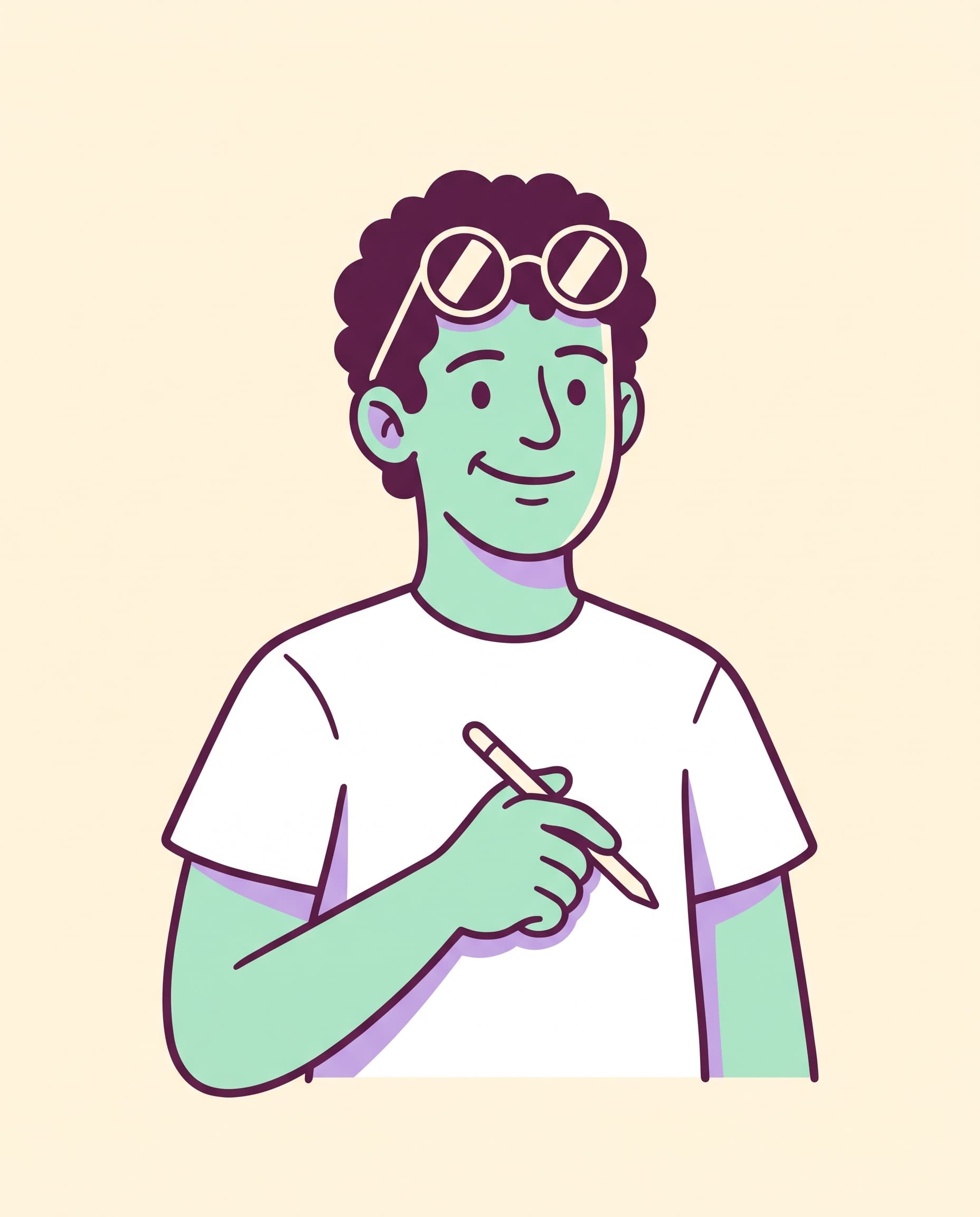 Illustration of Theo Ramos grinning in a white t-shirt