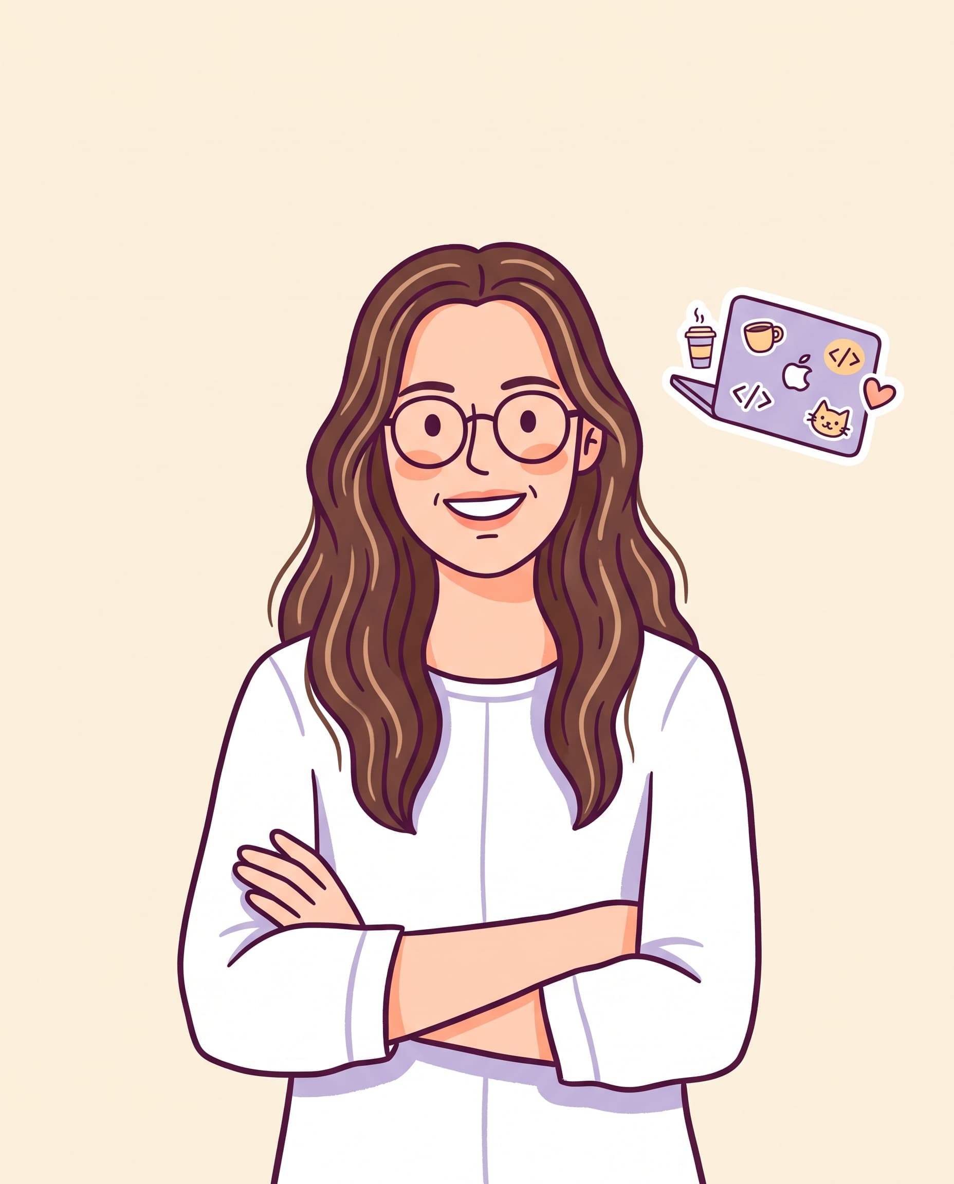Illustration of Nadia Rahman smiling in round glasses